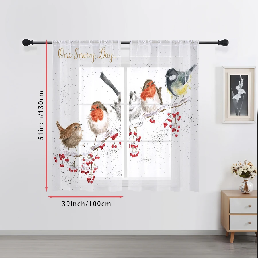 2PCS Sheer Curtains Winter Bird Red Berry Branch Watercolor Print, Window Voile Panels for Bedroom Living Room Christmas Decor