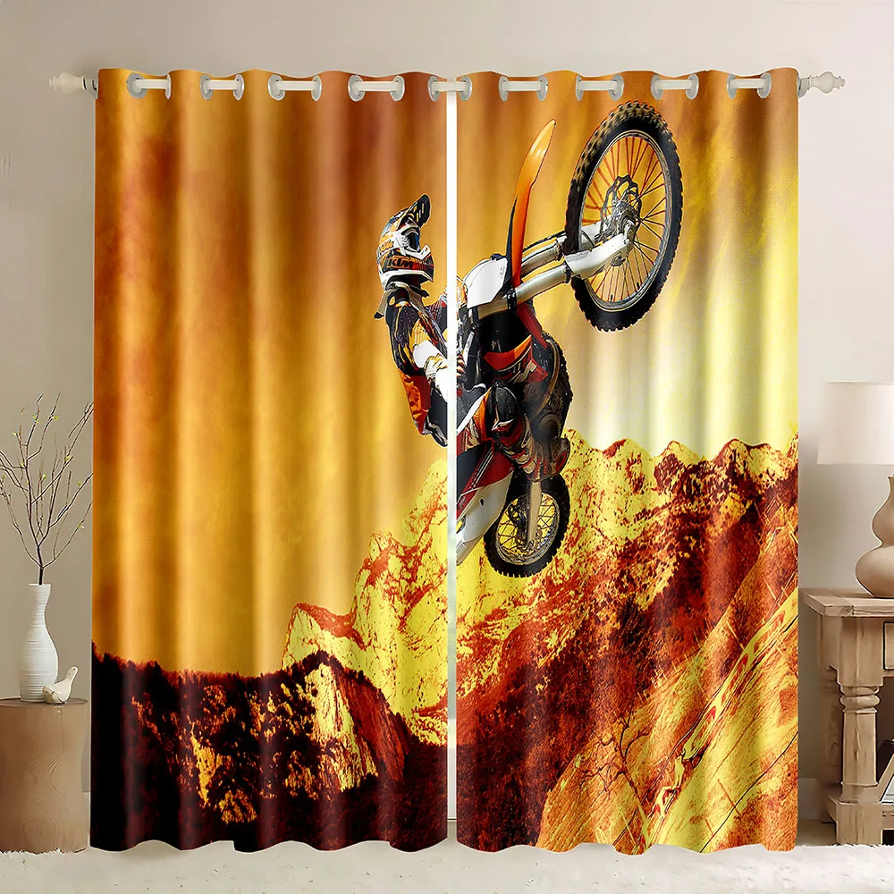 Motorcycle Window Curtains,3D Dirt Motocross Bike Rider Silhouettes Crossing The Road in Motocross Race Thick Blackout Curtains