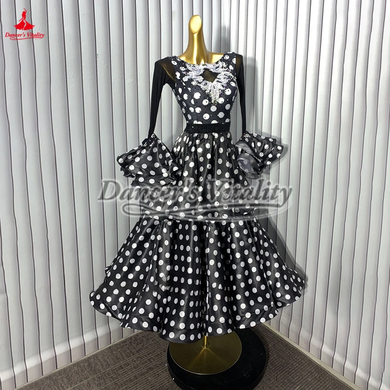 Vestidos de baile de salón estándar, vestidos grandes de lunares blancos y negros, ropa personalizada para adultos, vals, Tango, campeonato y actuaciones