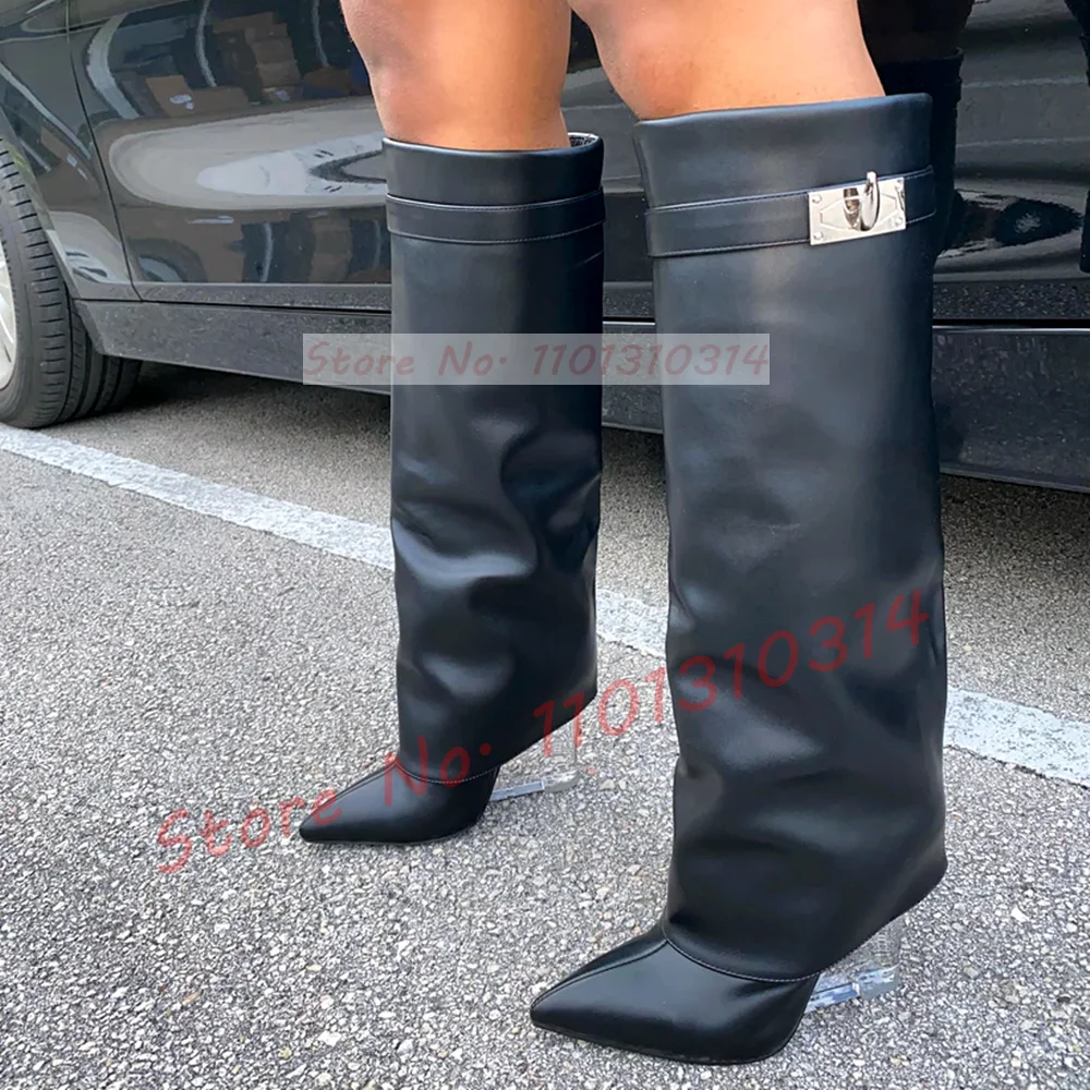 Transparent Wedge Knee-high Boots Women Pointy Toe Winter Fashion Metal Decor Foldover Shoes Ladies Streetwear Clear Heel Boots