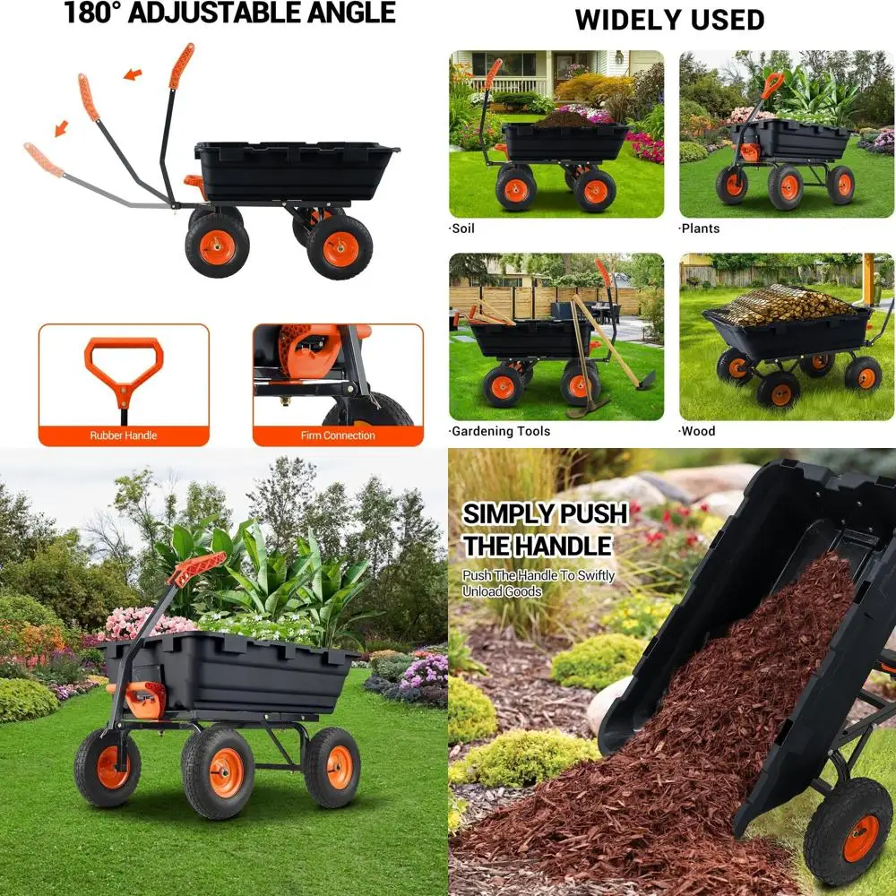 Chariot de cour en plastique robuste de 800 LB avec 10 pneus tout-Terrain et 180 °   Poignée réglable pour l'agriculture extérieure et les soins de la pelouse