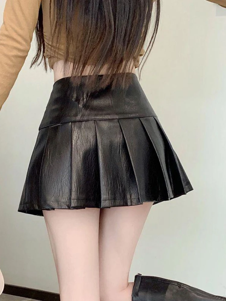 PU Pleated Skirts Women Solid Cleanfit Vintage Preppy A-line High Waist Faldas Mini Skirt K Pop Clothing Streetwear Womens Ins