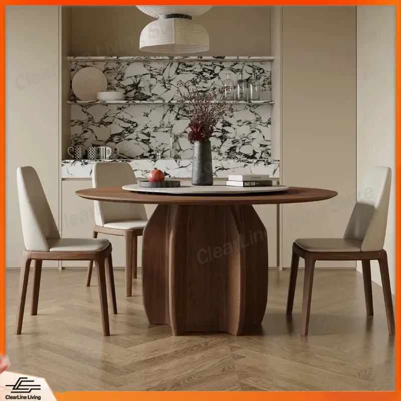 Round Dining Table Solid Wood Ash French Retro Style with Turntable Small Apartment Home Furniture 4 6 Seater Kitchen Table