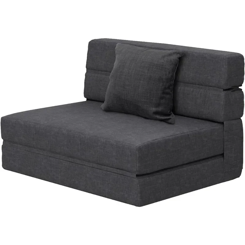 Sponge Futon Sleeper Folding Guest Bed and Folding Sofa with Pillows, Washable Single Size Cover, Dark Gray