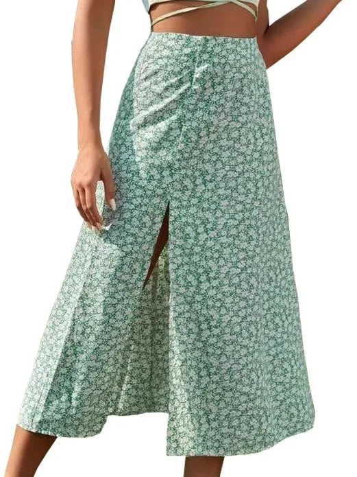 

High Waist A-Line Long Skirt with Floral Slit Bodycon Dr Street Sle Polyester Knitted High Waist Summer Season