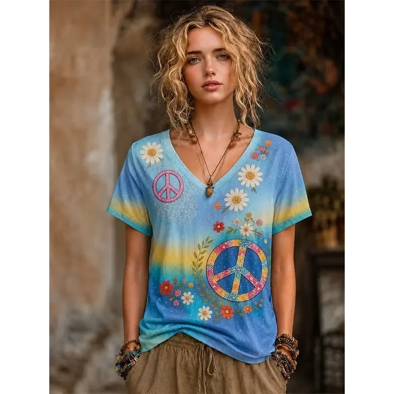 Women's 3D printed V-neck t-shirt, spring-summer, with rainbow design, tie-dye effect, waves, daisies.