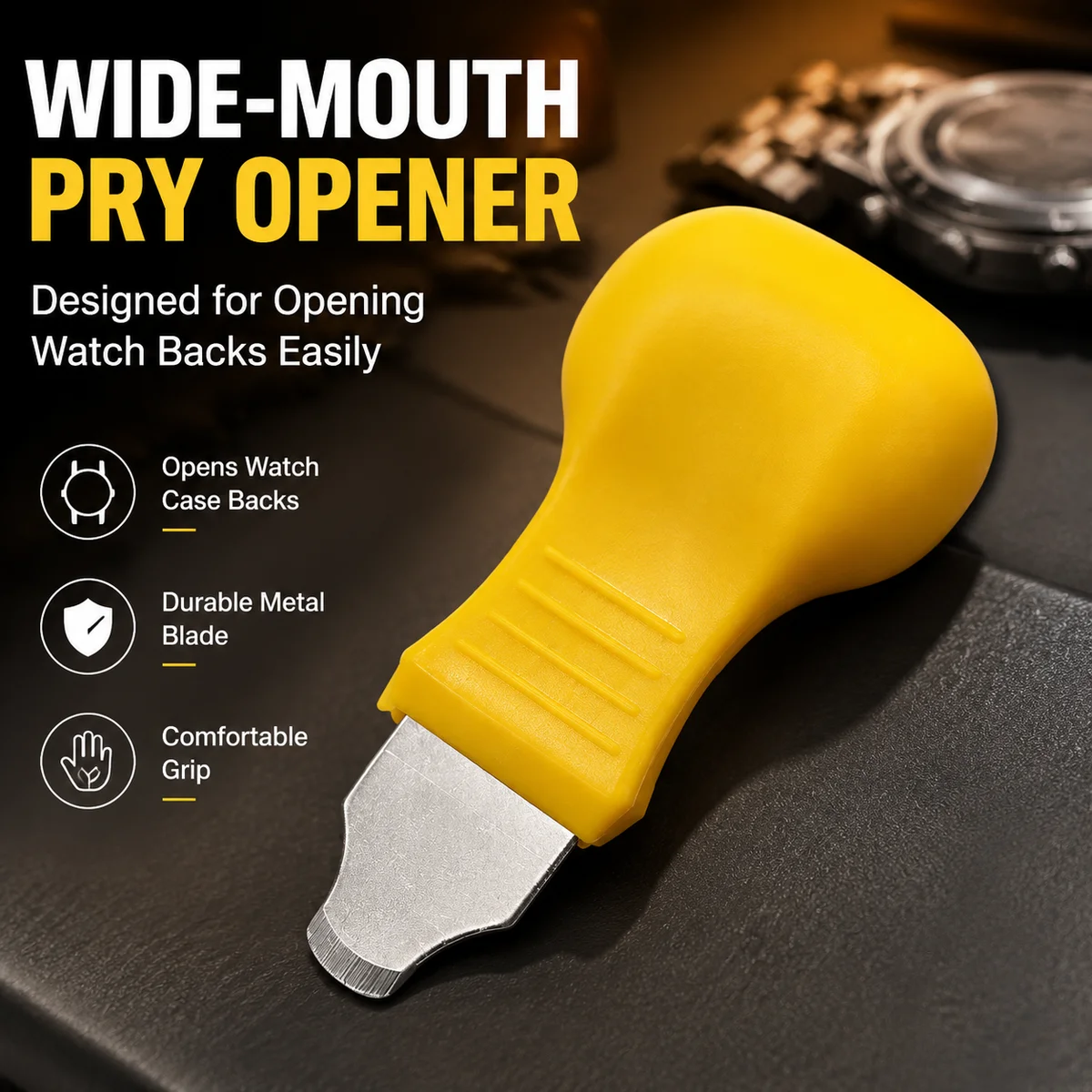 Wide Mouth Watch Case Back Pry Opener Tool with Yellow Grip and Metal Blade for Battery Replacement Repair