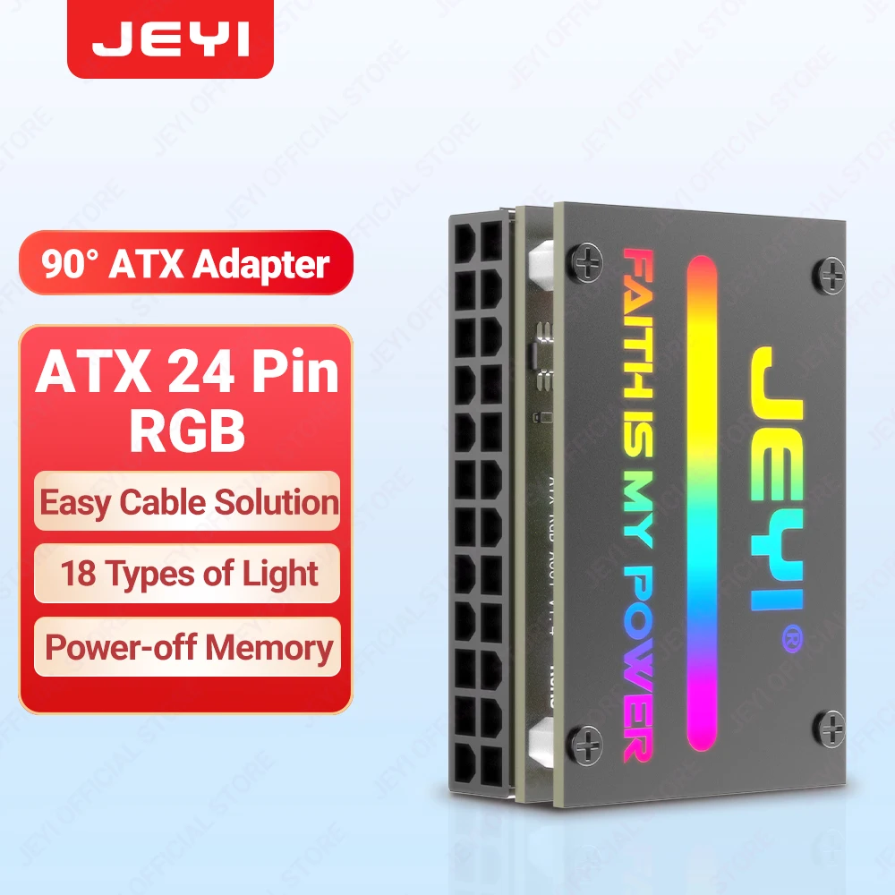 JEYI ATX 24Pin 90° RGB Adapter, 18 Light Modes Female to 24Pin Male 90 Degree Motherboard Power Adapter for Desktops PC Supply