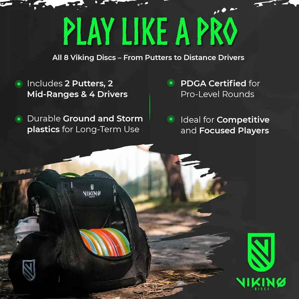 Viking Discs Conqueror Disc Golf Set - 8 Disc Golf Discs for Any Distance, PDGA Approved - Putter, Mid-Range, Fairway Driver, Di
