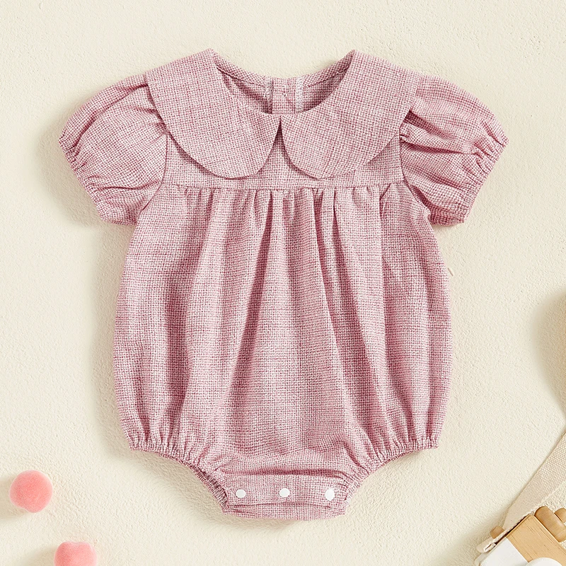 Girls Short Sleeve Rompers Infant Baby Girl  Doll Collar Plaid Button Jumpsuit For Newborn Clothes 0-18M