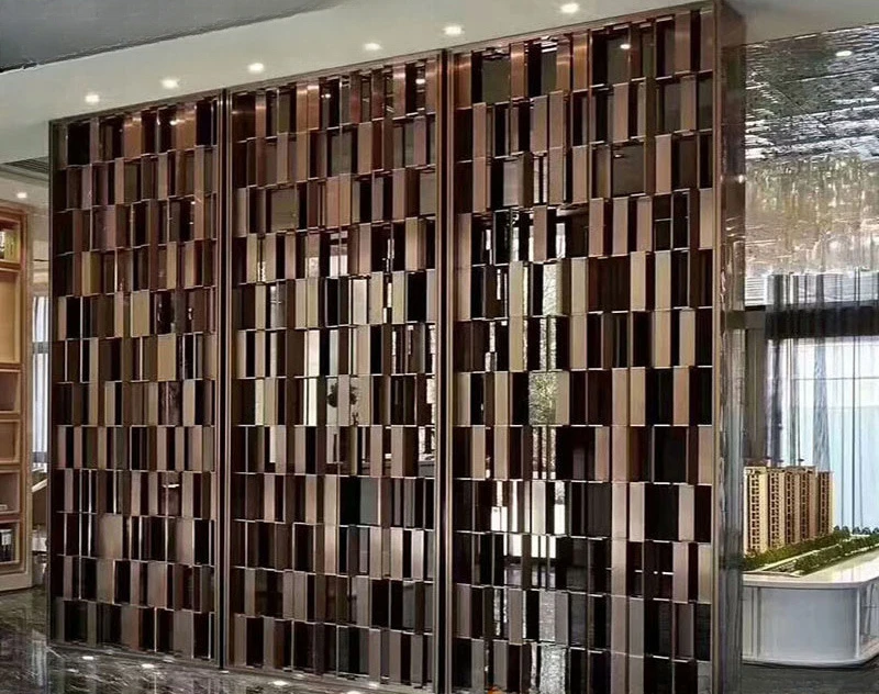 Living room entrance stainless steel screen hotel hollow metal art screen rose gold brushed metal screen partition