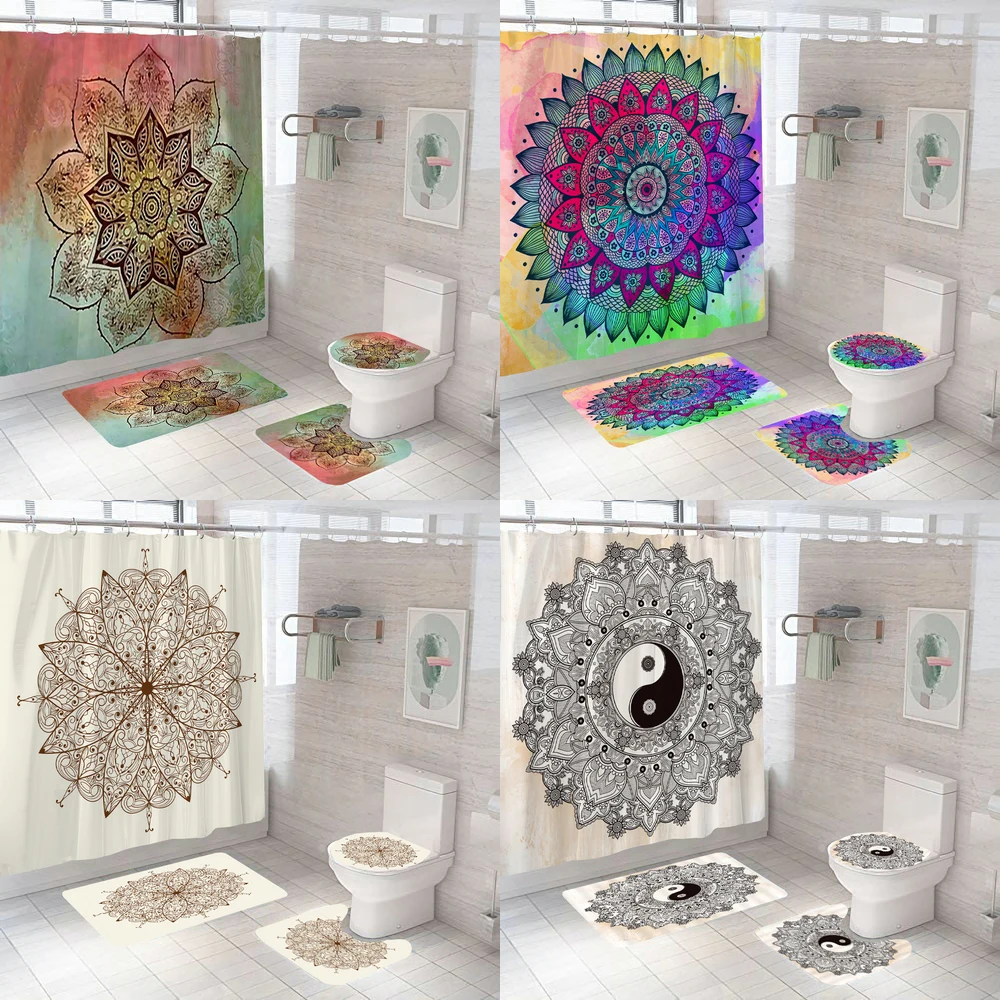 

Datura Flower Print Shower Curtains 4 Piece Carpet Toilet Cover Bath Mat Pad Set Bathroom Curtain with 12 Hooks Home Decor