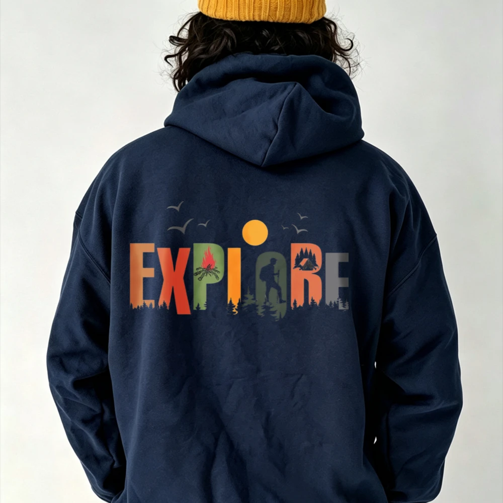 Explore Colorful Letter Campfire Hiker Silhouette Sun Birds Graphic Hoodie Front Sweatshirt Wilderness Nature Hiking Hooded Tops