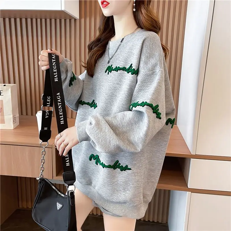 2022 New Casual Embroidery Letter Sweatshirts Women Classic Long Sleeve Loose Fashion O-collar Comfortable Pure Cotton Lady Top