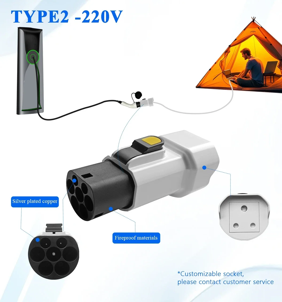 New Portable 220V Type 2 Male Plug to South African socket Socket EV Charging Adapter For EV Charger EV Connector