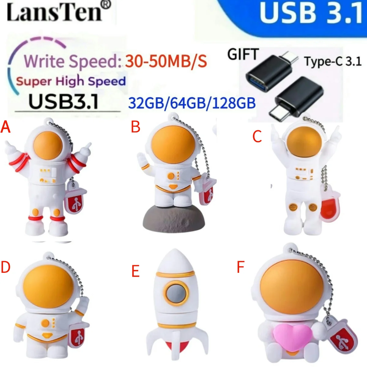 

LansTen USB Flash Drive Pen Drive USB 3.1 Pendrive 8GB 16GB 32GB 64GB 128GB Flash Memory Stick With USB 3.1 Type-C Adapter