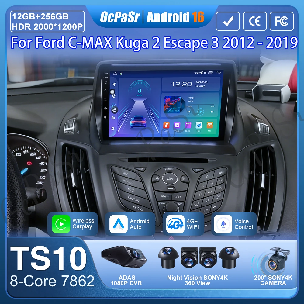Car Radio Carplay For Ford C-MAX Kuga 2 Escape 3 2012 - 2019 Multimedia Player Android Auto GPS Navigation 5G Wifi Stereo DVD 4G