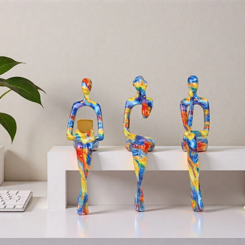 3 Pcs Character Abstract Thinker Colorful Sculpture Ornament Art Home Decoration Living Room Bookshelf Desktop Crafts Gift