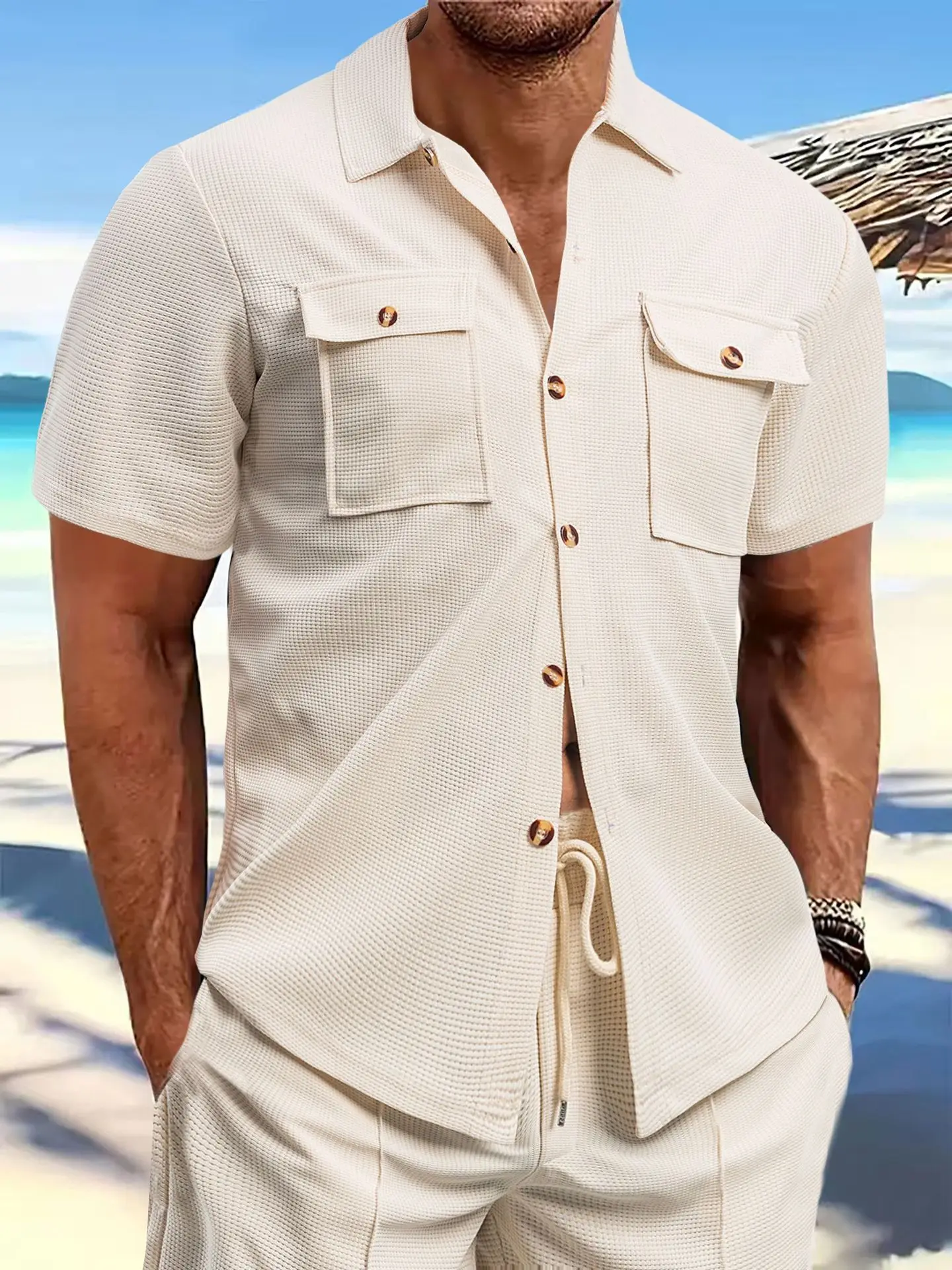 Summer Men's Waffle short-sleeved loose shirt Casual solid color lapel button pocket Stylish All-match comfortable shirt top