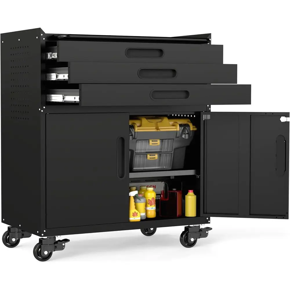 

Прочный металлический передвижной шкаф для инструментов с 2 перфорированными панелями, 10 крючками, вкладышем для верстака, идеально подходит для механиков, мастерских и хранения.