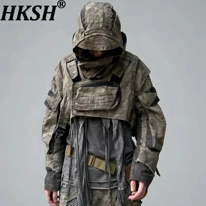HKSH Spring Autumn New Man's Tide Punk Waste Land Deconstructed Multi-Wear Desert Camouflage Patchwork Rivet Short Jacket HK9790