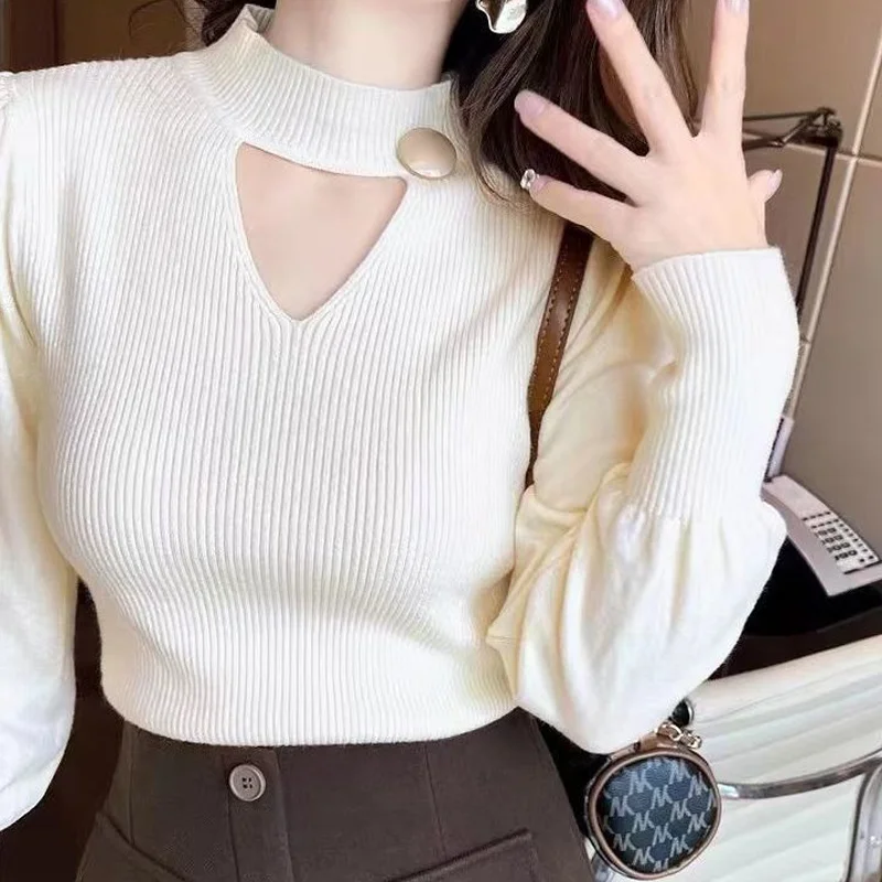 Temperament Hollow Out Knitting Tops Autumn New Solid Long Sleeve O-Neck Loose Sweaters Pullovers Korean Fashion Women Clothing