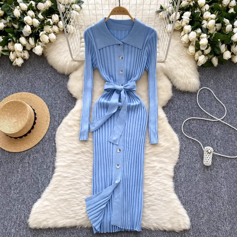 فساتين نسائية من REALEFT لفصل الخريف والشتاء مع حزام جديد عالي الخصر وأكمام طويلة وياقة بولو واحدة الصدر فستان تريكو