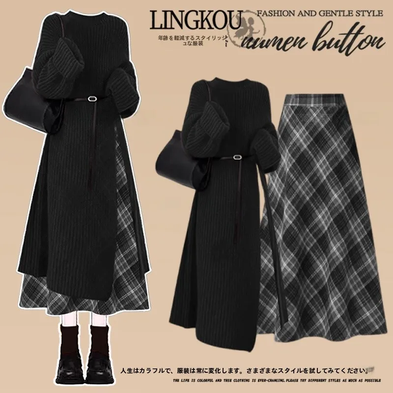

Ele Plaid Dr And Skirt Set for Women High Waist Slimming Midi Skirt Long Sve round Ne A-Line Dr Autumn Wi...