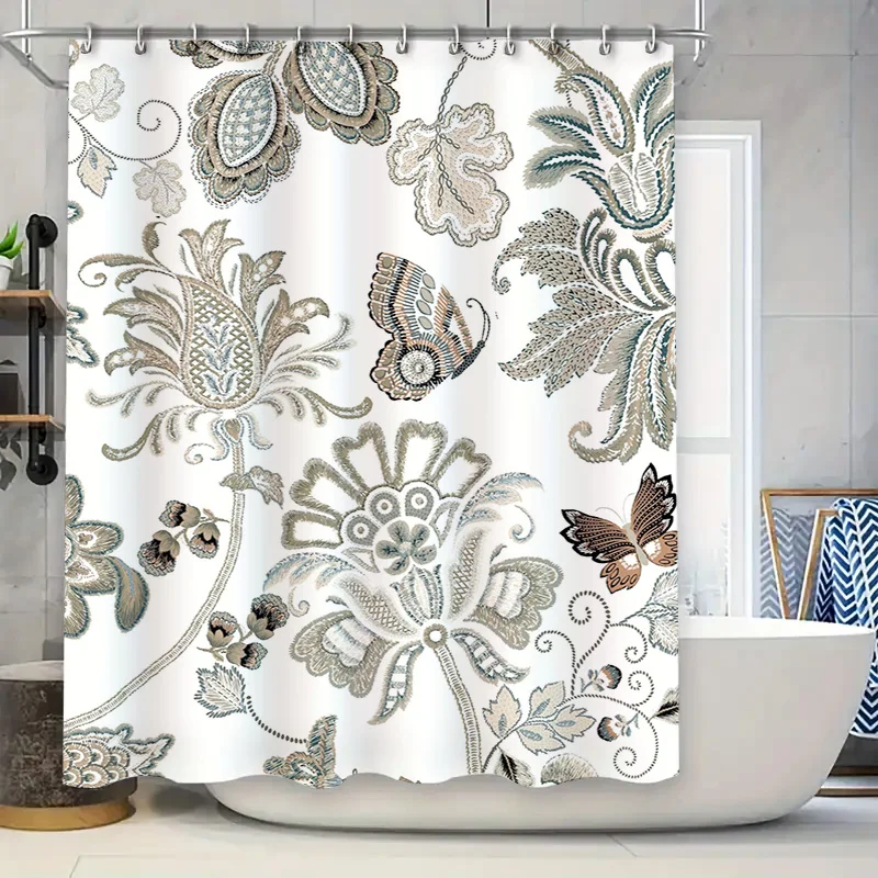 

Vintage Bath Curtain Floral Butterfly Decoration Shower Curtain White Bathroom Decorative Waterproof Fabric