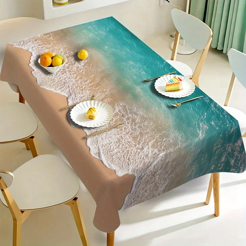 Refreshing Summer Wave Pattern Tablecloth, Artistic Water Ripple Print Cover for Dining, Tea Table, and Party Decor