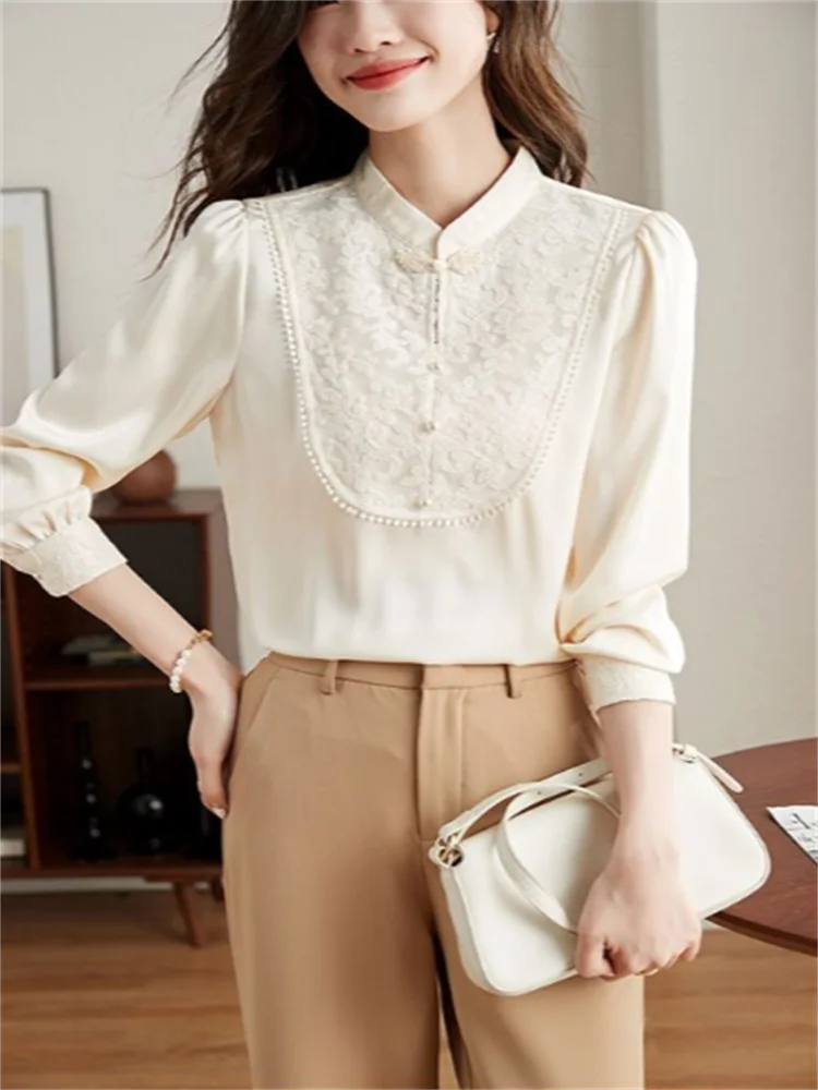 Chinese Style Blouse Women's Shirt Stand Collar Pullover Shirt Female Long Sleeve Woman Clothes Shirts Female Vintage shirt