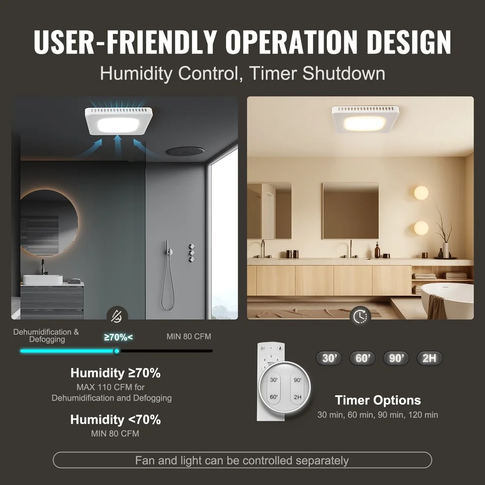 مروحة عادم الحمام الهدوء مع 8 ألوان LED 110 CFM مستشعر الرطوبة مؤقت مقاوم للرطوبة تصميم متين سهل