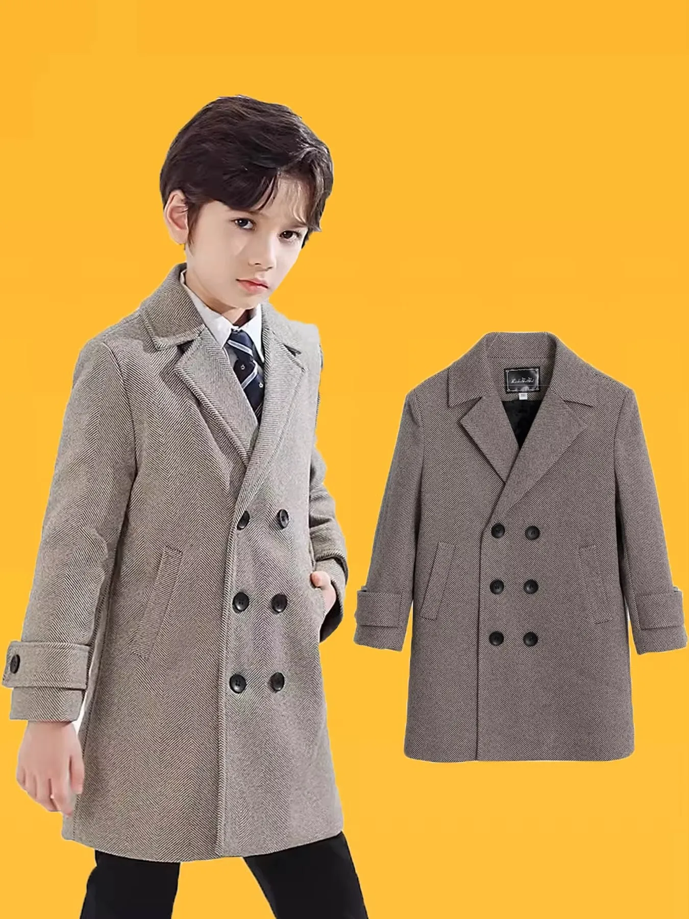 

School Children Retro British Style Winter Thick Warm Wool Long Coat Boys Windproof Outdoor Jacket Kids Formal Birthday Party P