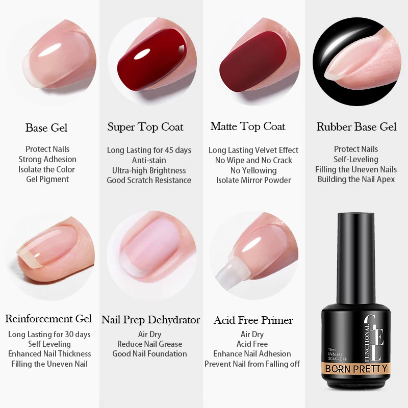 BORN PRETTY 15 ml Funktionsgelbasis Super Top Coat Verstärkungsgel Gummibasis Gel Soak Off UV LED Semi-Permanenter Lack