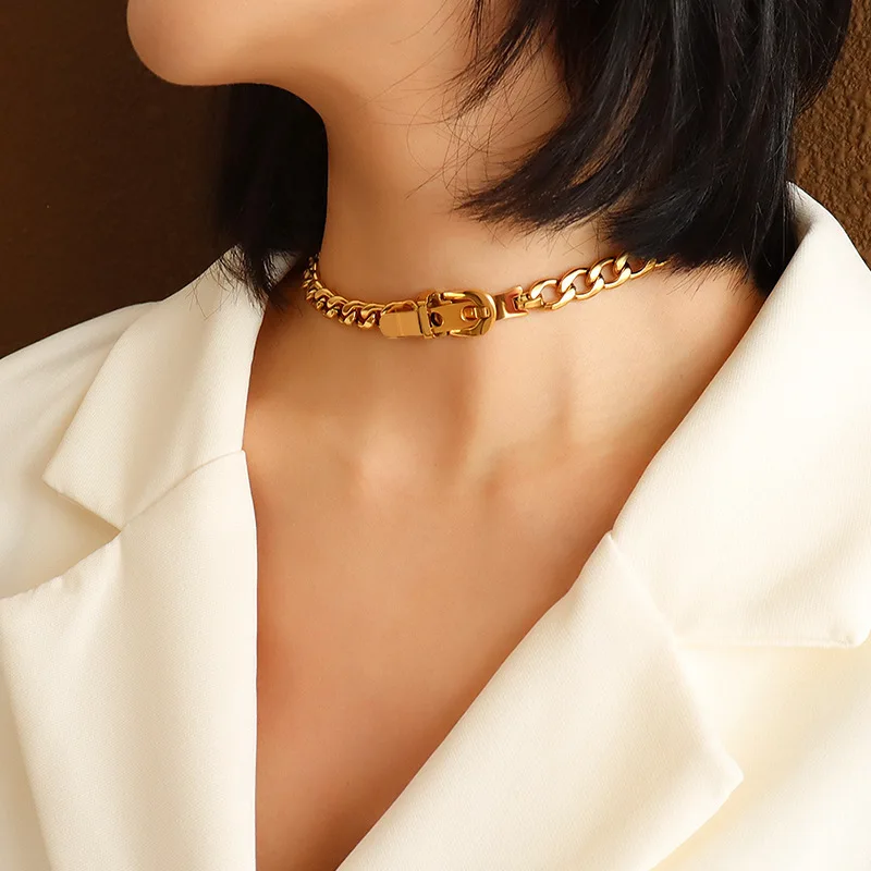 Vintage Belt Buckle Chain Chain Necklace Women's Titanium Steel Boutique Personality Fashion Jewelry Party Gift for Girls