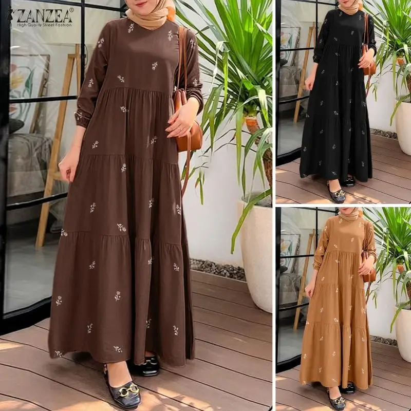 

ZANZEA Ramadan Women O Neck Long Sleeve Floral Printed Muslim Abaya Dress Robe Femme Casual Loose Sundress Kaftan Dubai Vestidos