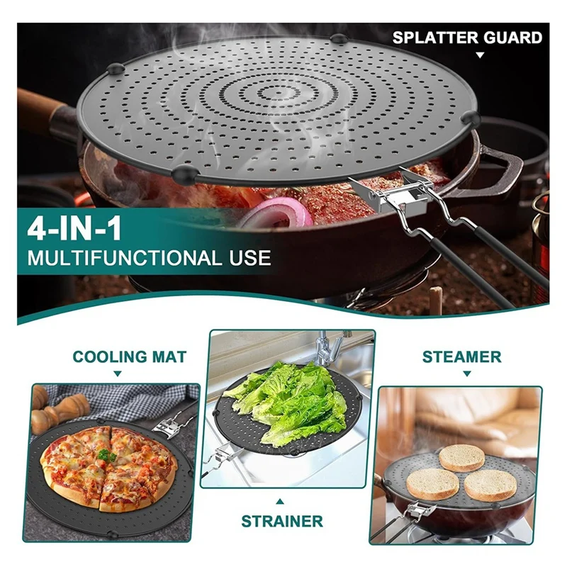 프라이팬용 실리콘 스플래터 스크린, 접이식 손잡이가 있는 스테인리스 스틸 그리스 스플래터 가드, 12.5 인치, 2 팩