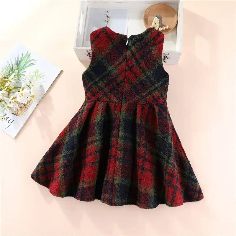 

Осенне-зимняя одежда, детский красный клетчатый жилет, платья, повседневное платье-жилет без рукавов, детское шерстяное платье для девочек, Новое поступление 2023 г.