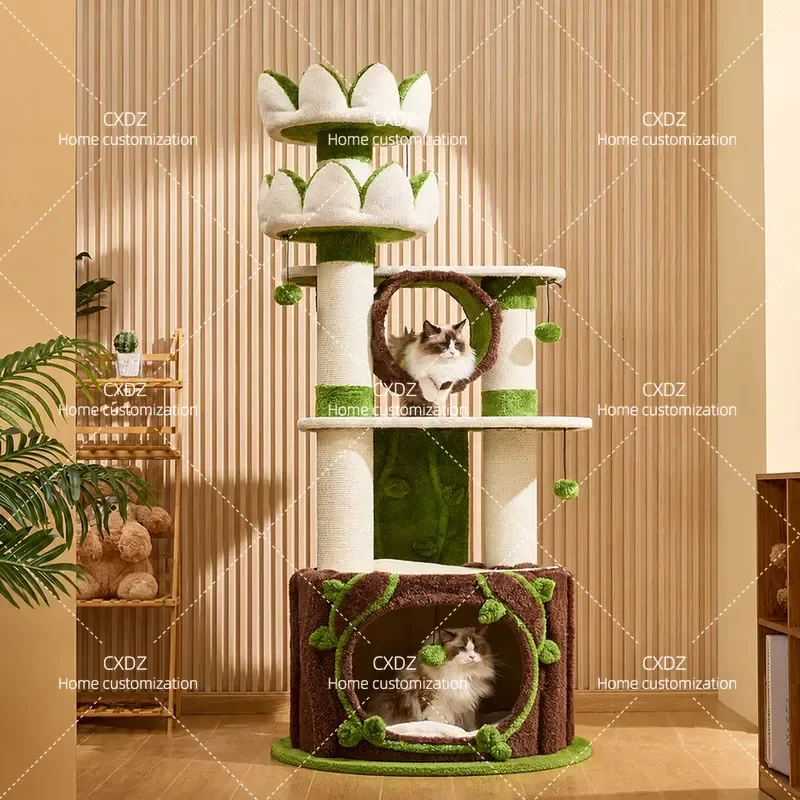 Large Cat Tree with Lotus Castle Design Multi Level Climbing Frame Integrated Cat Nest and Perch for Cats and Dogs Sharing