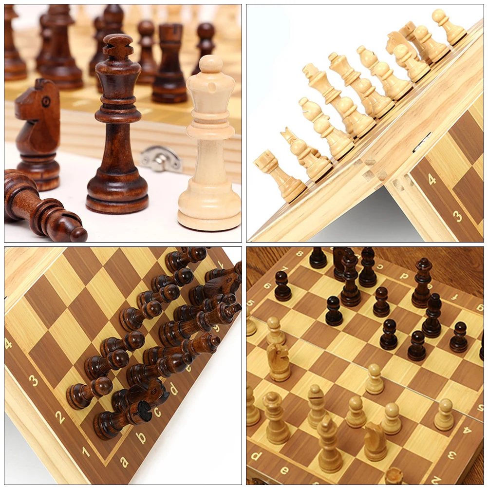 

Kids Toys Magnetic Wood Chess Folding Wooden Educational Travel Light Brown Child