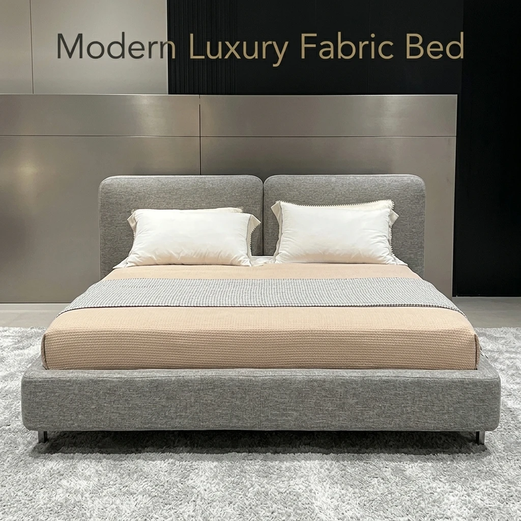 #Modern Nordic Minimalist Bed Frame Fabric Upholstered Queen Size Bed with Split Headboard Gray Linen Platform Bed for Apartment