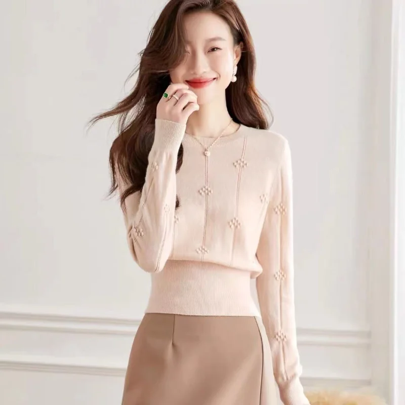 Womens ronde hals trui wollen trui herfst winter nieuwe stijl casual hoge taille stijlvolle innerlijke slijtage gebreide basislaag top