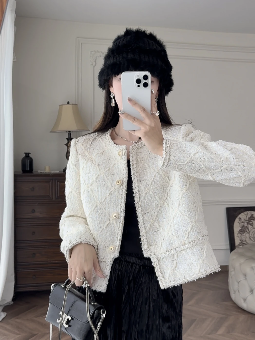 

Zhang ei Luxury Collection Faion Outerwear White Patchwork Diamond Pattern Knitted Coarse Tweed ort Coat for Women