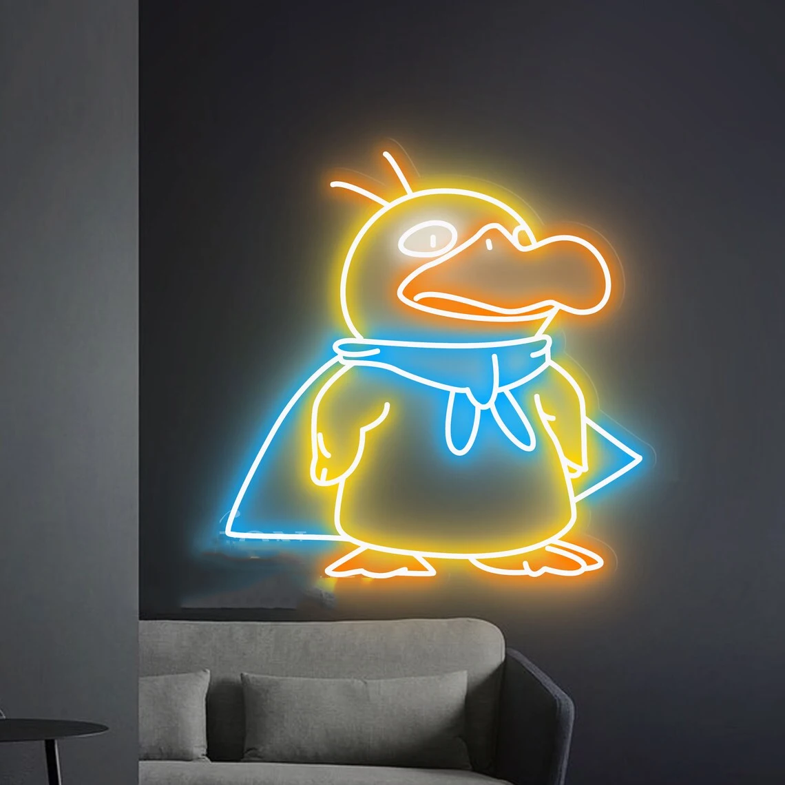 Anime Neon Sign Custom Cartoon Yellow Duck with Cloak Neon Sign Game Room Wall Decor Kid Teen Bedroom Led Sign Personalized Gift