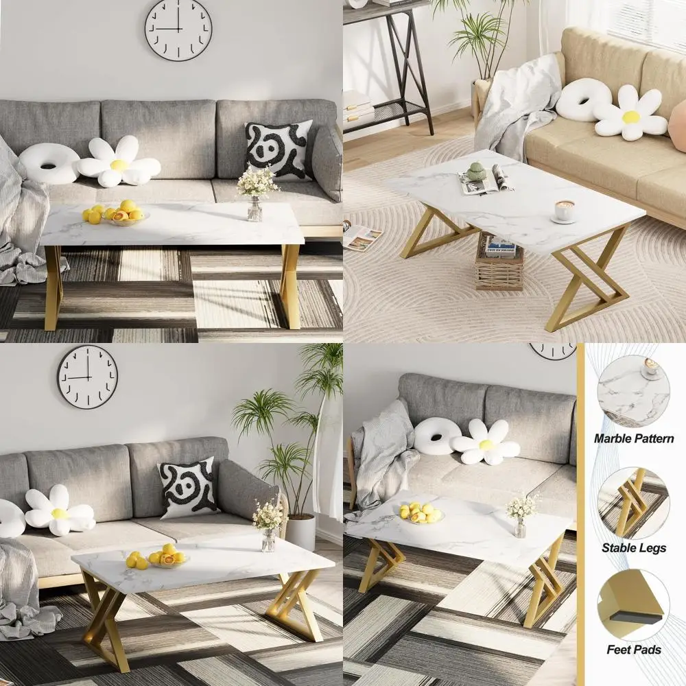 Modern White Marble Coffee Table with Gold Metal Frame for Living Room and Bedroom