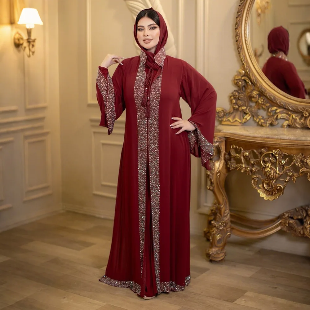 Dubai Chiffon Diamonds Kimono Abaya Inner Dress Two Piece Set for Women Kaftan Turkey Caftan Musulmane Femme Robe Islam Jalabiya