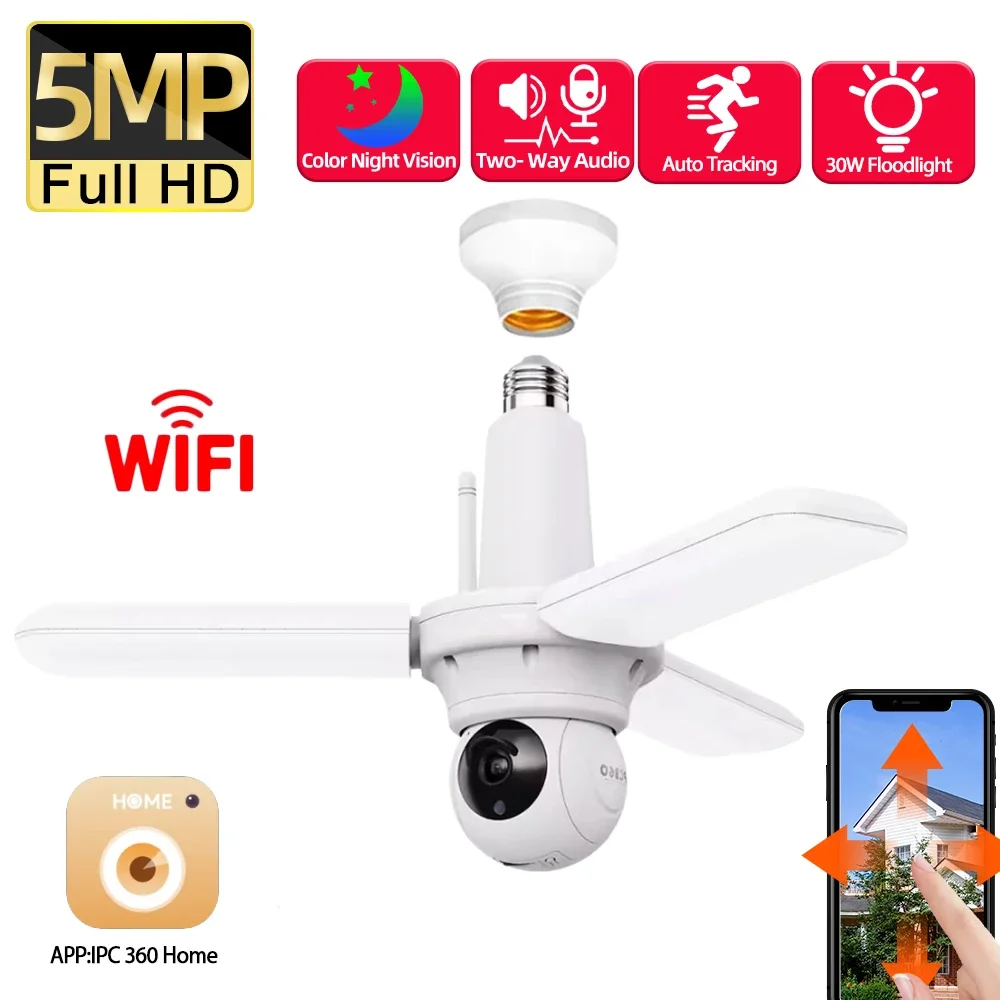 

5MP E27 Floodlight WiFi PTZ Bulb Camera Auto Tracking Indoor Home Color Night Vision CCTV Security Surveillance Cam 2 Way Audio