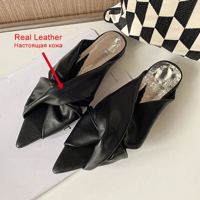 JOZHAMTA Size 34-39 Women Flats Mules Sandals Real Leather Luxury Pointy Low Heel Summer Shoes Casual Home Party Slides Slippers