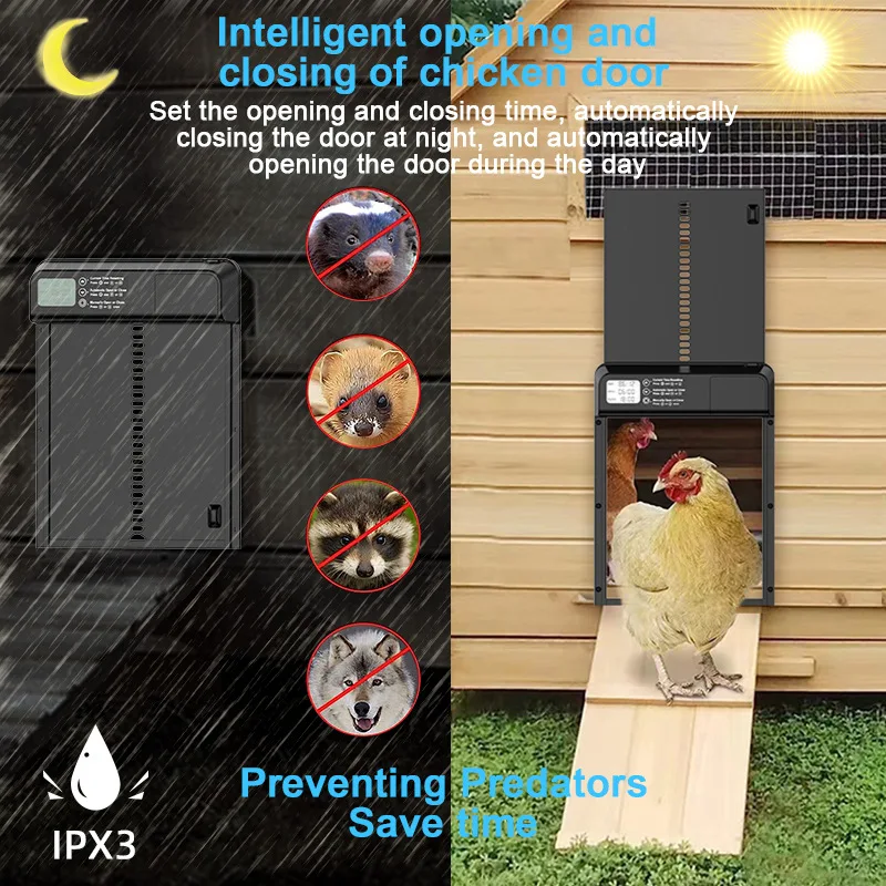 New automatic timed chicken coop door, ultra-long battery life, aluminum alloy with digital display, super worry-free