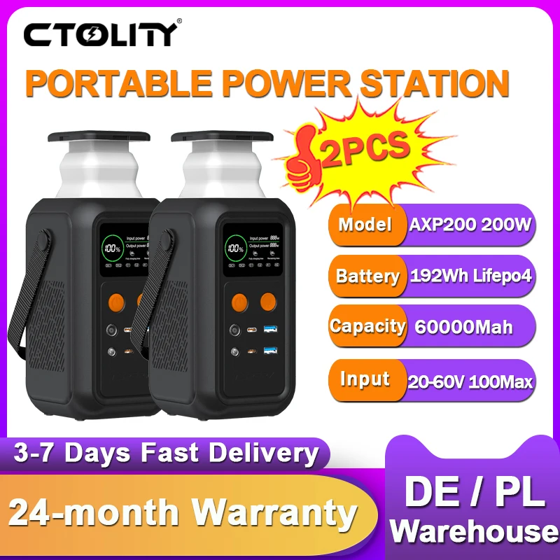 CTOLITY 2 Stück 200W Powerstation Camping 192Wh Lifepo4 Powerbank 60000mAh Tragbares Ladegerät Batterie Notstromversorgung USB TYPE-C